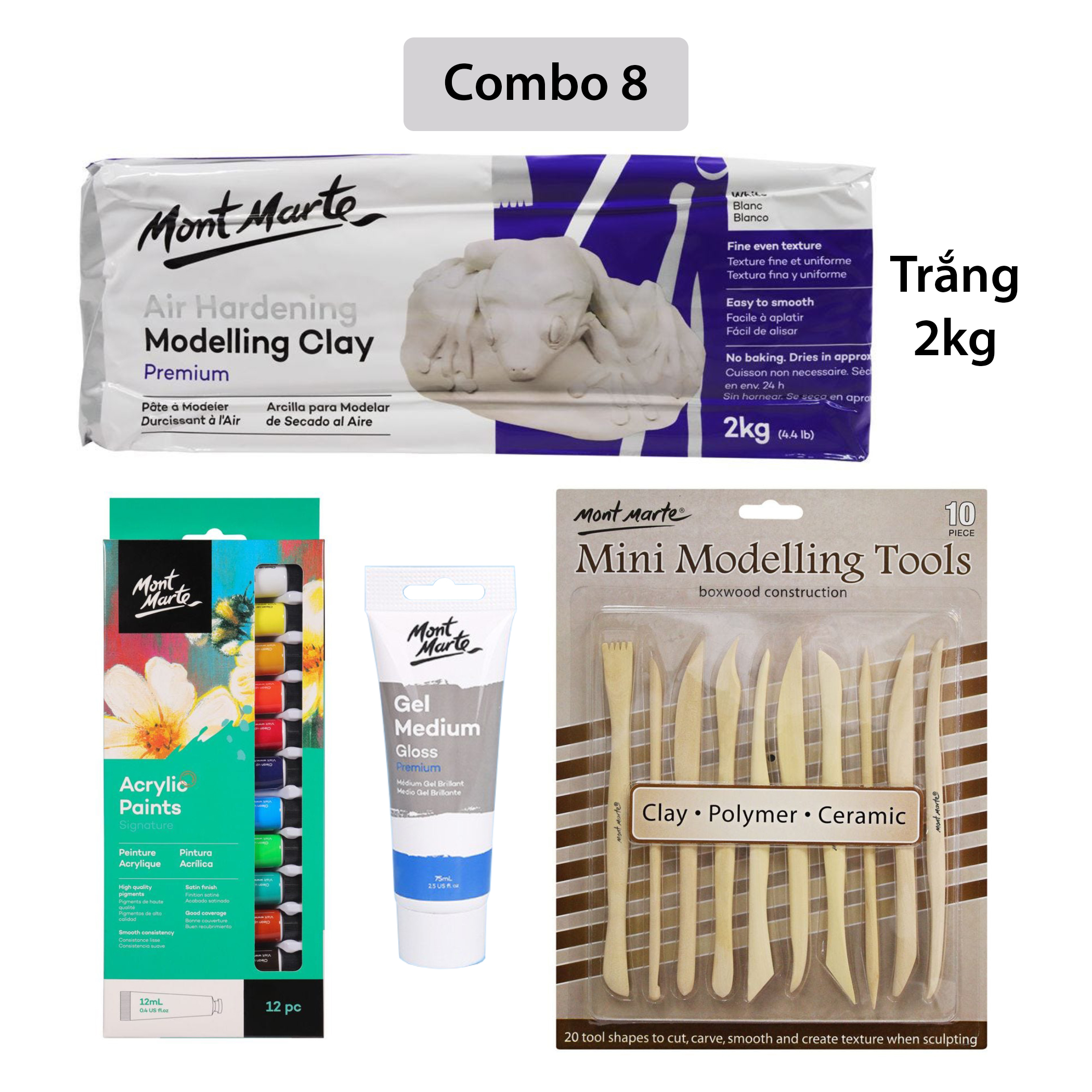 [Giao Hỏa Tốc] Combo Đất Sét Tự Khô 2kg Mont Marte và dụng cụ (Air Hardening Modelling Clay)