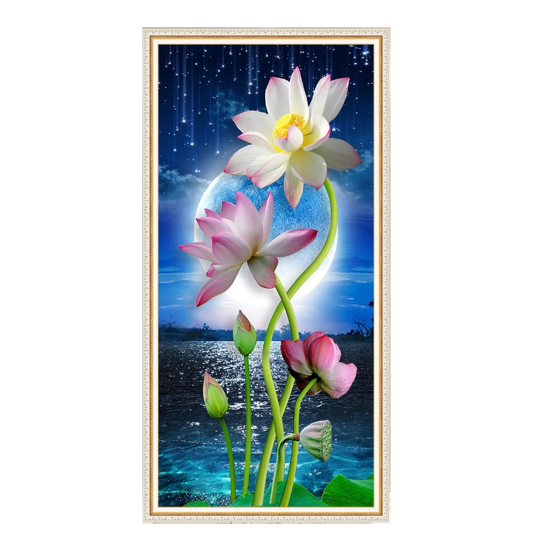 Tranh dán tường lối vào khổ dọc VTC Hoa sen và ánh trăng DOC001 kim sa