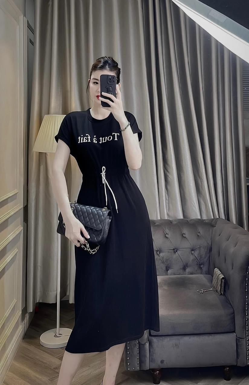 Đầm thun gân suông dây rút eo xinh, đầm midi dạo phố, đi chơi, họa tiết in chữ thời trang xinh