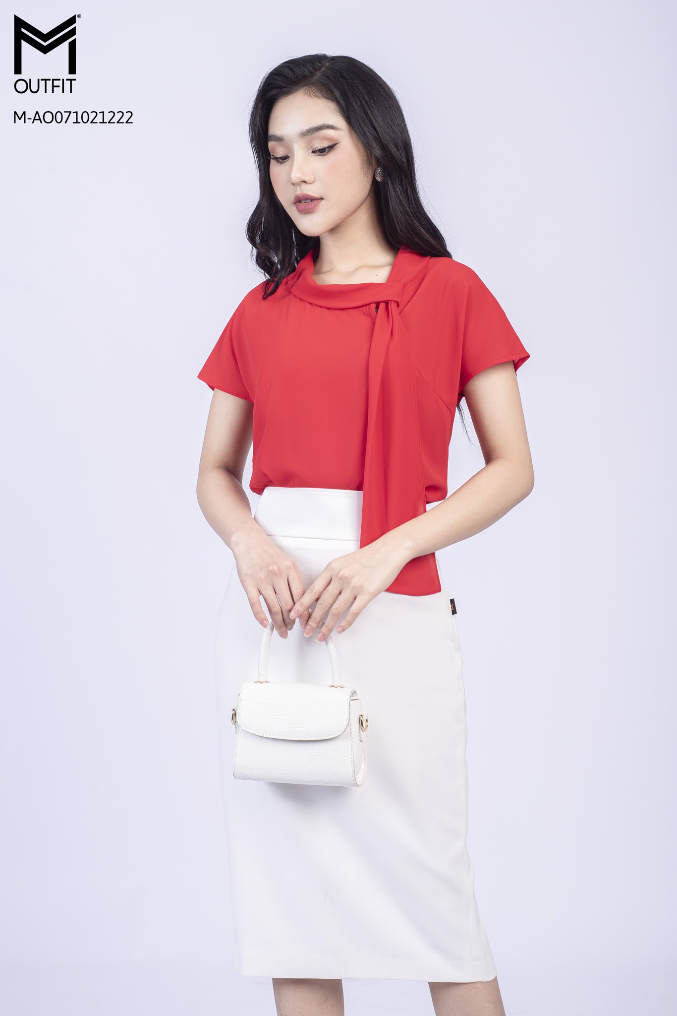 Áo sơ mi tay hến, cổ lệch buộc nơ - Mmoutfit