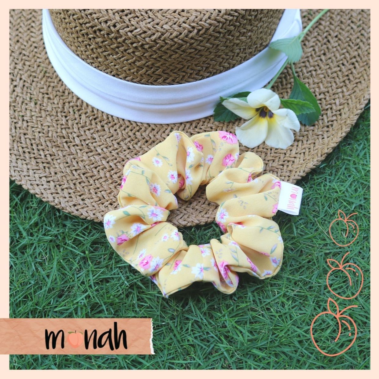 [HCM]Dây buộc tóc cột tóc scrunchie lụa vàng họa tiết xinh xắn trẻ trung