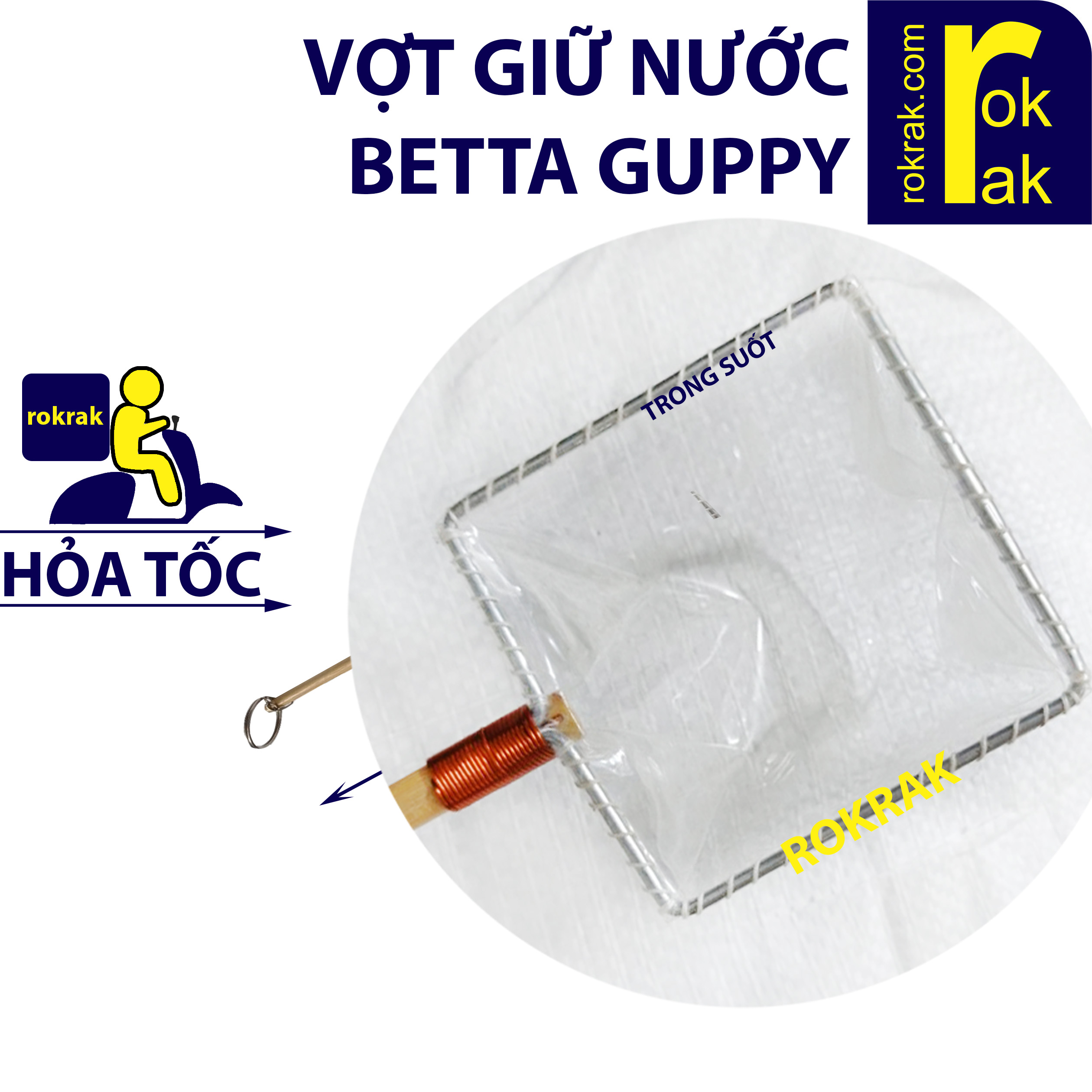 Vợt cá Betta Guppy (Vợt giữ nước Show cá trong suốt) cán đũa gỗ 32 cm