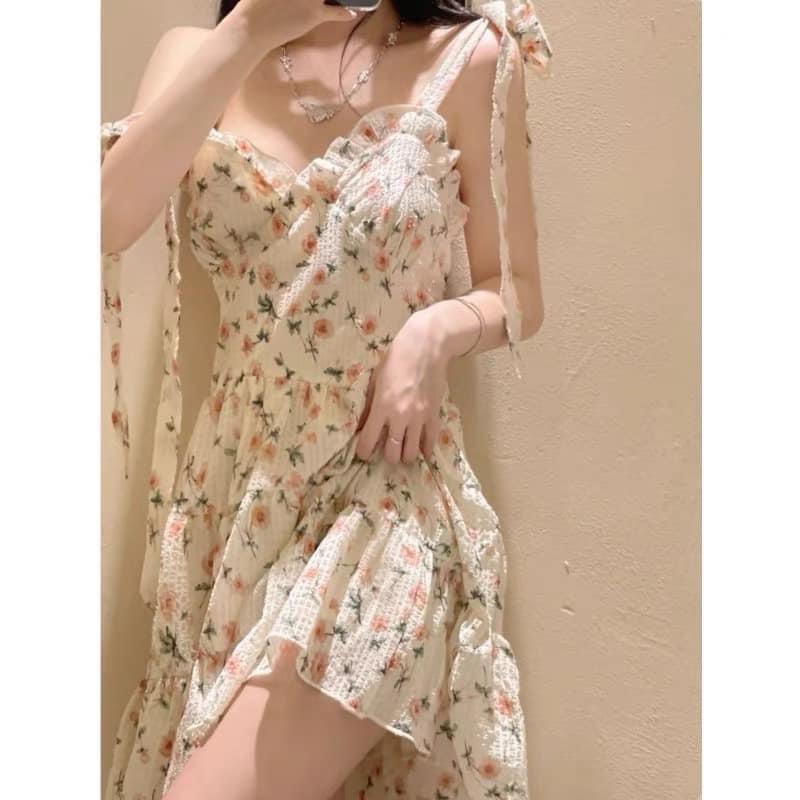 Set đầm hoa nhí đũi xốp buộc nơ vai kèm áo khoác len mỏng