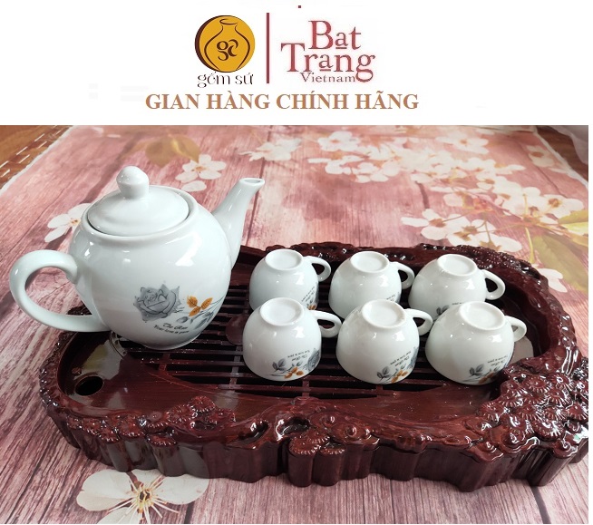 [HN Bát Tràng]{Giá nhà lò} Bộ ấm chén hoa hồng có khay 2 lớp-dung tích 500ml [Free ship sll]