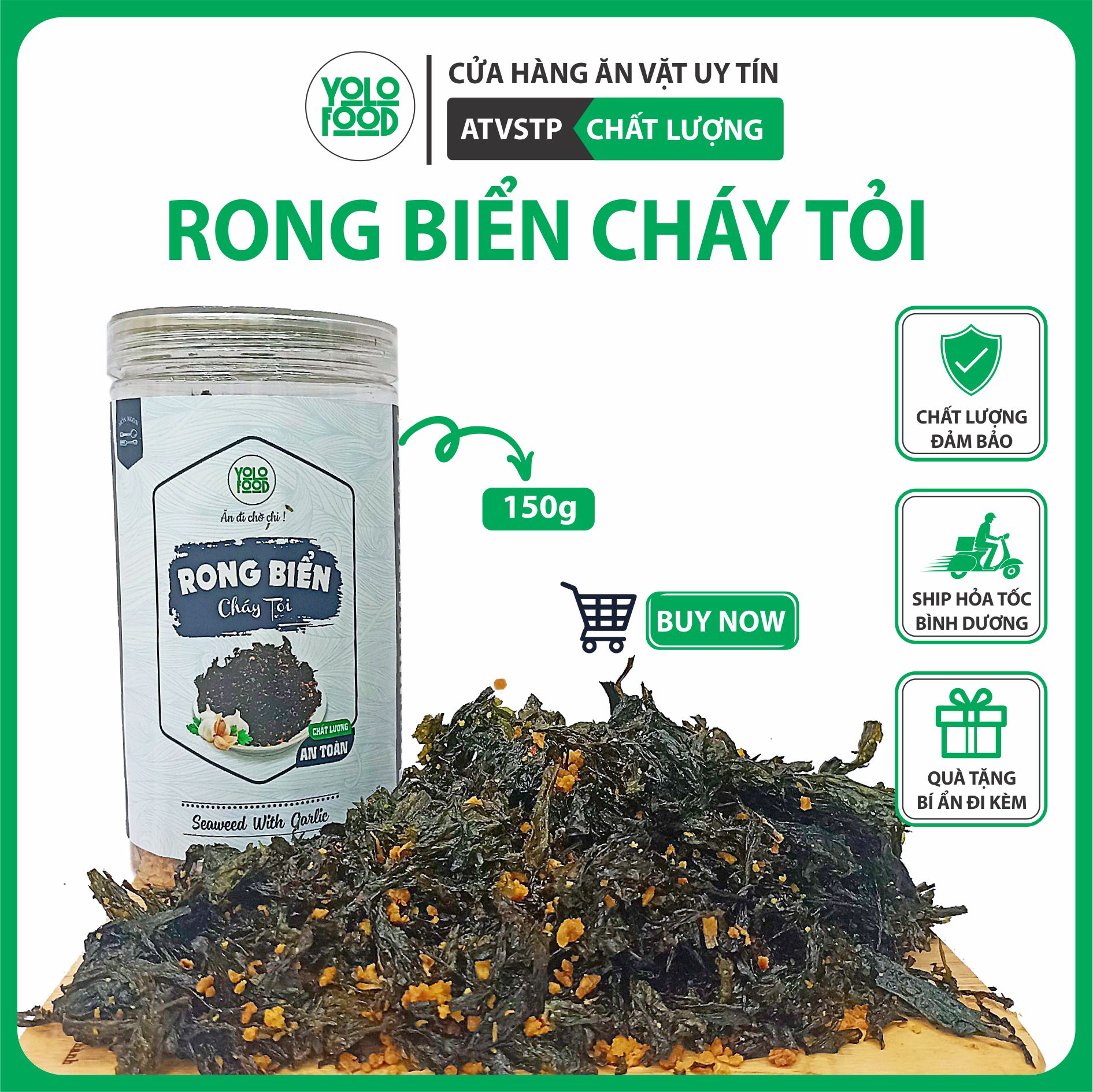 Rong biển cháy tỏi 150g YOLOFOOD đồ ăn vặt ngon, rong biển tỏi khô vị tỏi thơm lừng, giòn tan bao nghiện đóng hộp atvstp