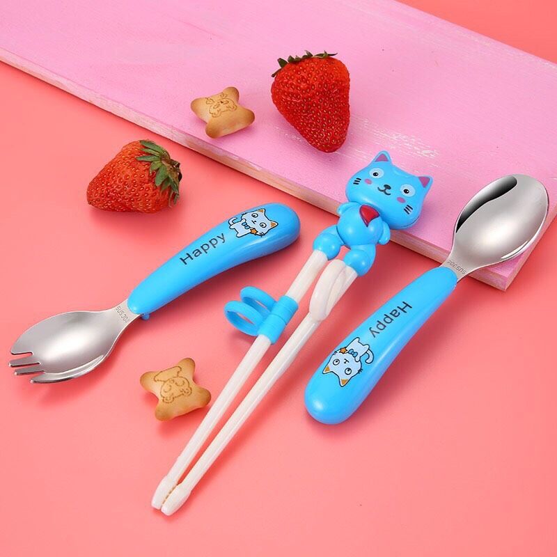 Bộ đũa thìa dĩa ăn dặm inox happy cat cho bé