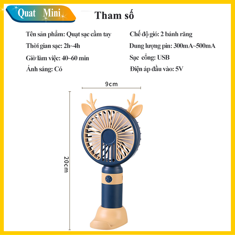 quạt cầm tay tích điện mini 2 tốc độ mạnh,có đèn led