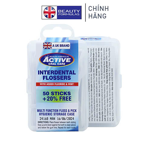 Tăm chỉ xỉa răng nha khoa Anh Quốc UK Beauty Formulas than hoạt tính + bạc hà, xỉa răng tiệt trùng chăm sóc răng miệng