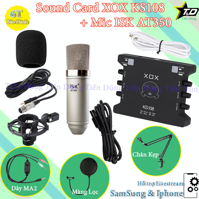 Mic thu âm ISK AT350 sound card xox ks108 chân màng MA2- bộ live stream karaoke AT350 với sound card ks108 bản tiếng anh