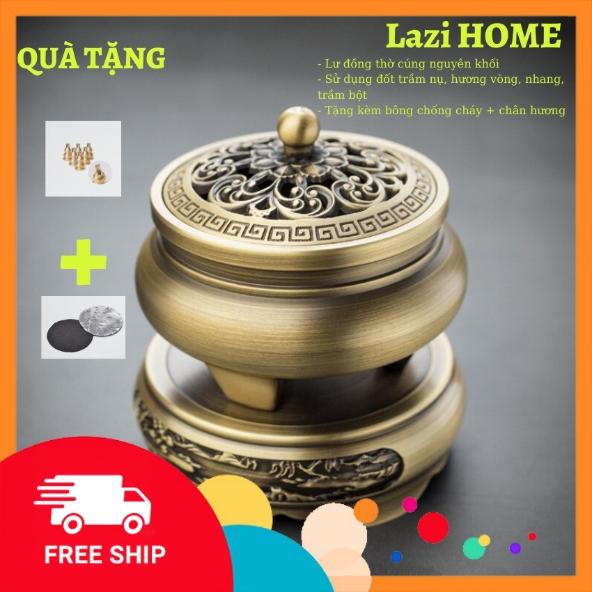 Lư xông trầm, Lư đốt trầm đồng 3 chân Lazi HOME - {HÀNG CHẤT} TẶNG KÈM bông chống cháy và chân hương trị giá 80k - Đốt trầm nụ, hương vòng, nhang, trầm bột