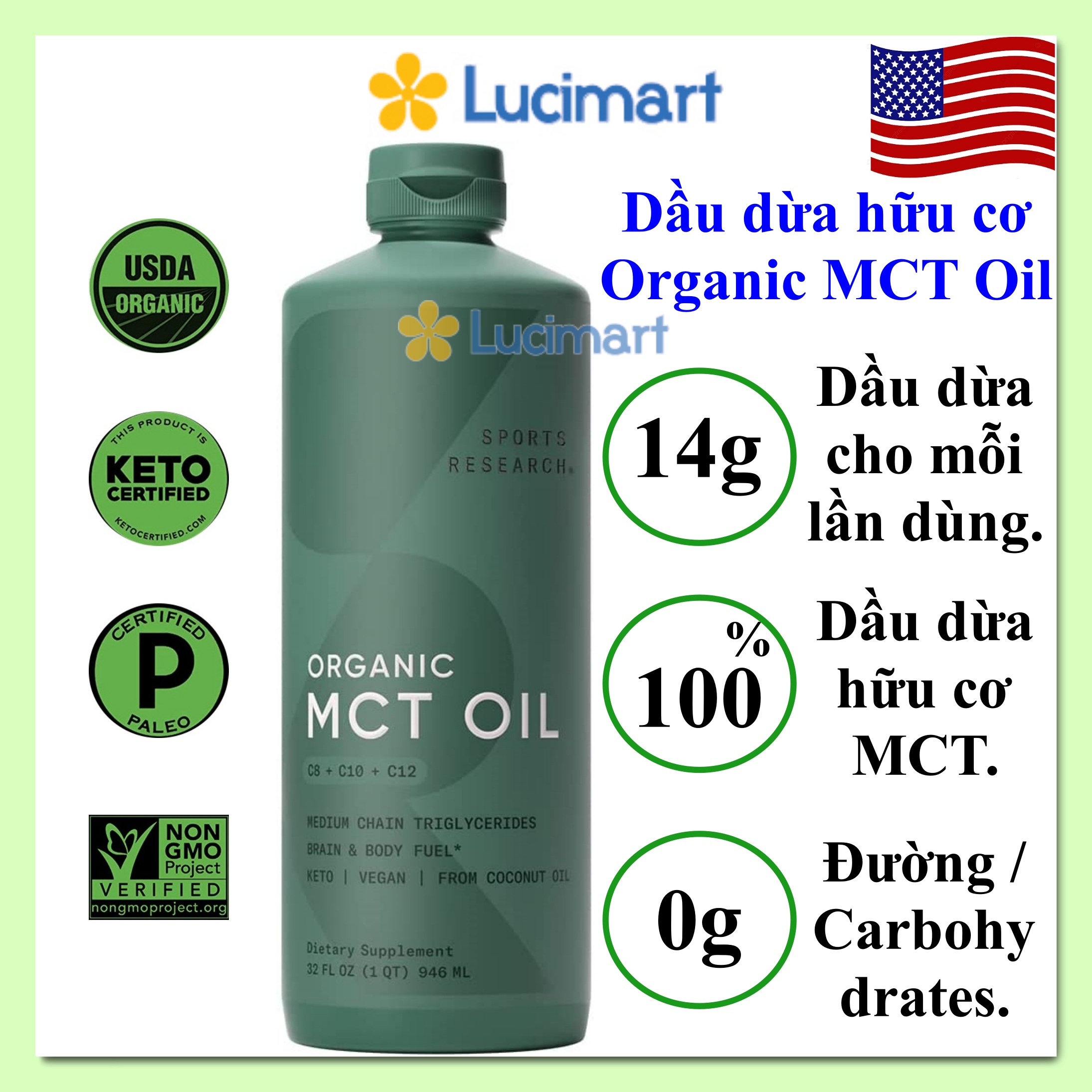 Dầu dừa MCT Oil chuyển hóa chất béo Medium Chain Triglycerides các loại [Hàng Mỹ]