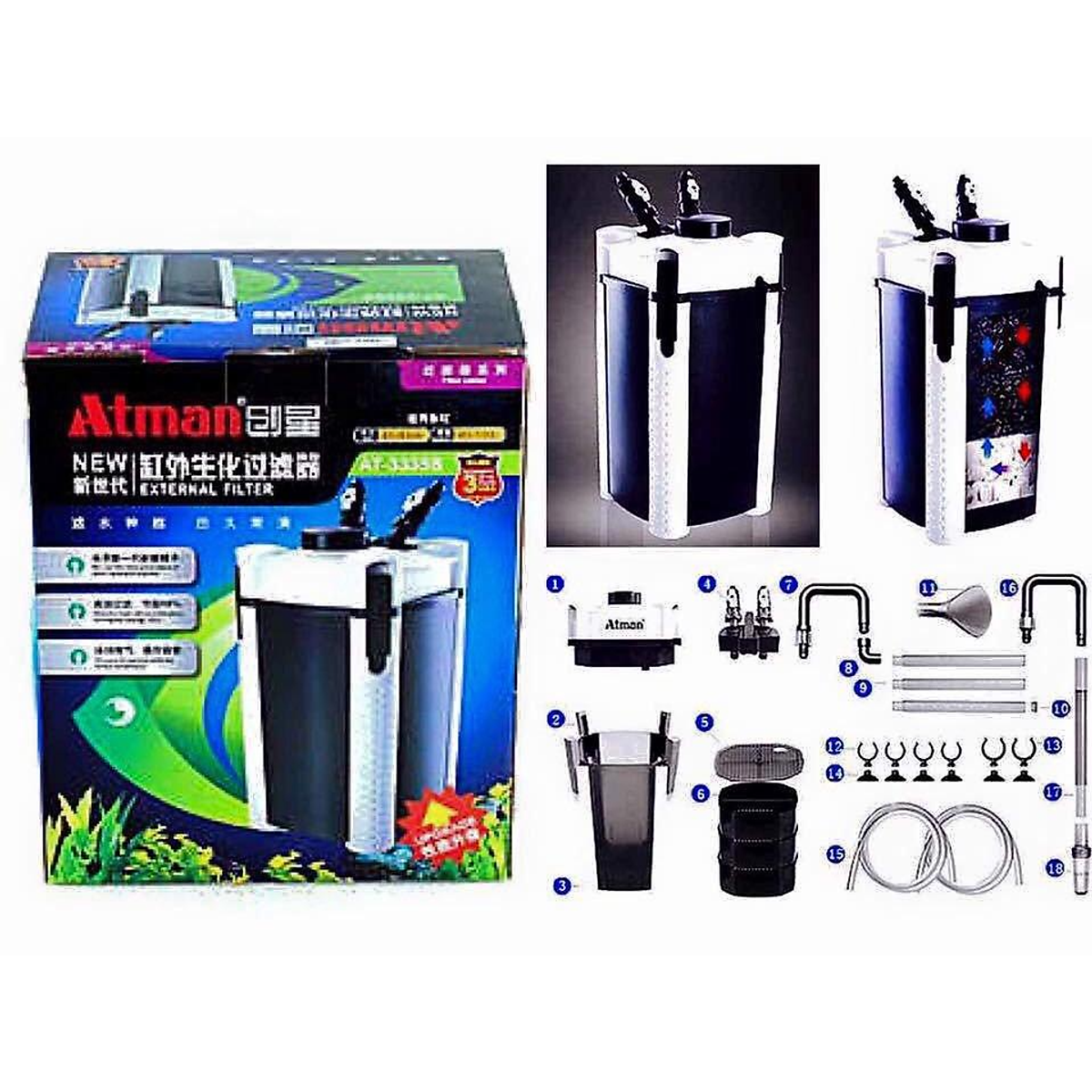 Lọc Thùng Atman AT3338S  (18W-1500L/H-1.2M) - Dùng Cho Hồ Thủy Sinh 150-400 Lít