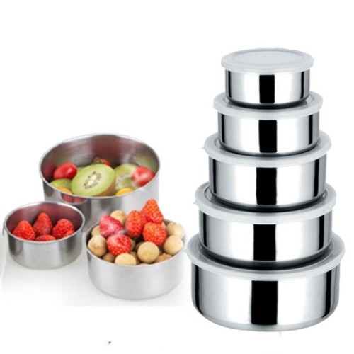 Bộ 5 thố inox có nắp đậy, thố inox đựng thực phẩm để tủ lạnh- thố inox có nắp đựng đồ ăn - hộp đựng thức ăn