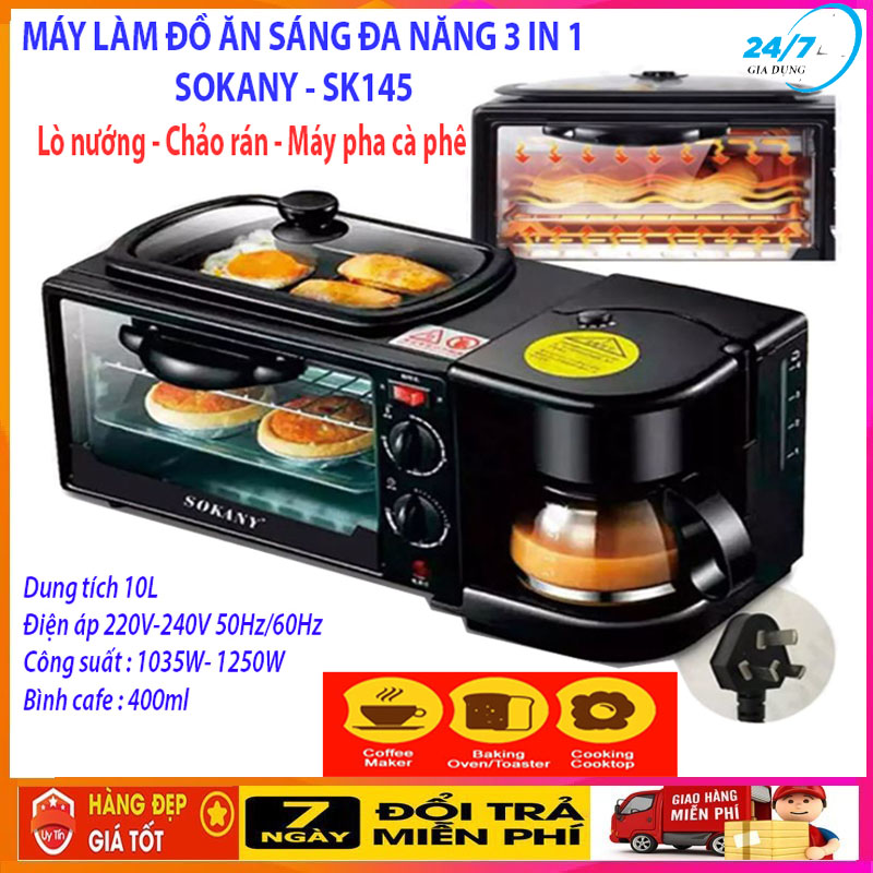 [ HÀNG CHÍNH HÃNG ] Máy làm đồ ăn sáng đa năng Sokany SK-145, Công Suất Lớn 1250W - Dung Tích 9L, Lò nướng điện đa năng 3 trong 1 tích hợp Lò nướng, Chảo chiên rán, máy pha cà phê cực tiện dụng - CAO CẤP -  Giadungbv247