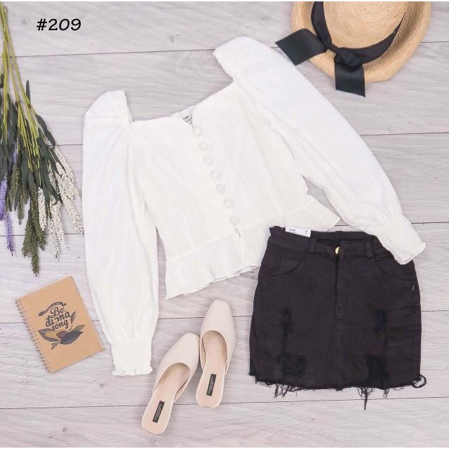 ( Quà tặng dây cột tóc ) Áo Peplum Cổ Trái Tim Tay Dài Phối Nút