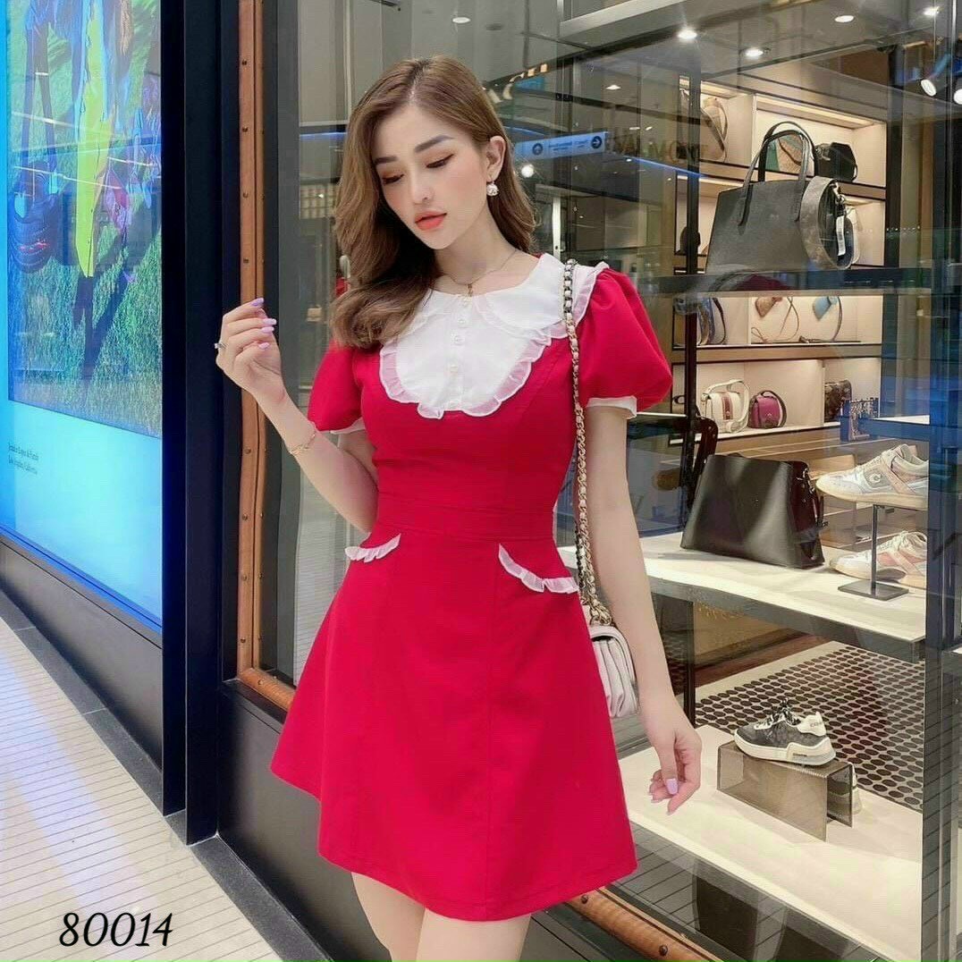 Đầm xòe nữ tay con cổ phối ren cực xinh ts4