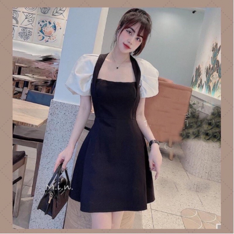 Váy cổ lạ khoá lưng tay phồng ulzzang hàn quốc, đầm nữ dự tiệc