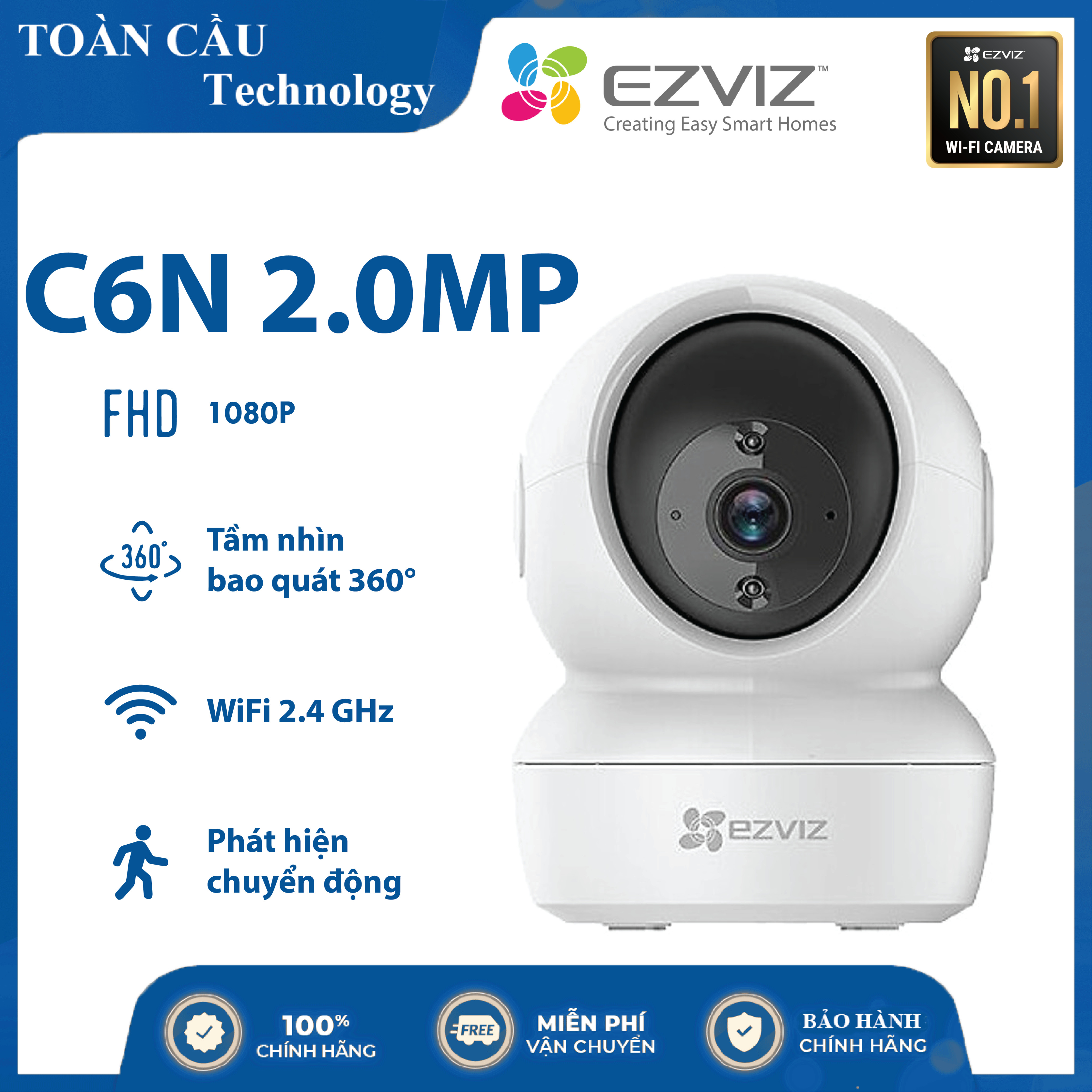 [100% CHÍNH HÃNG] Camera WIFI EZVIZ C6N 2MP (1080P) - Xoay 360 Thông Minh + Đàm Thoại 2 Chiều + Quay Theo Chuyển Động - Camera CS-C6N Giám Sát WIFI Không Dây - Camera Toàn Cầu