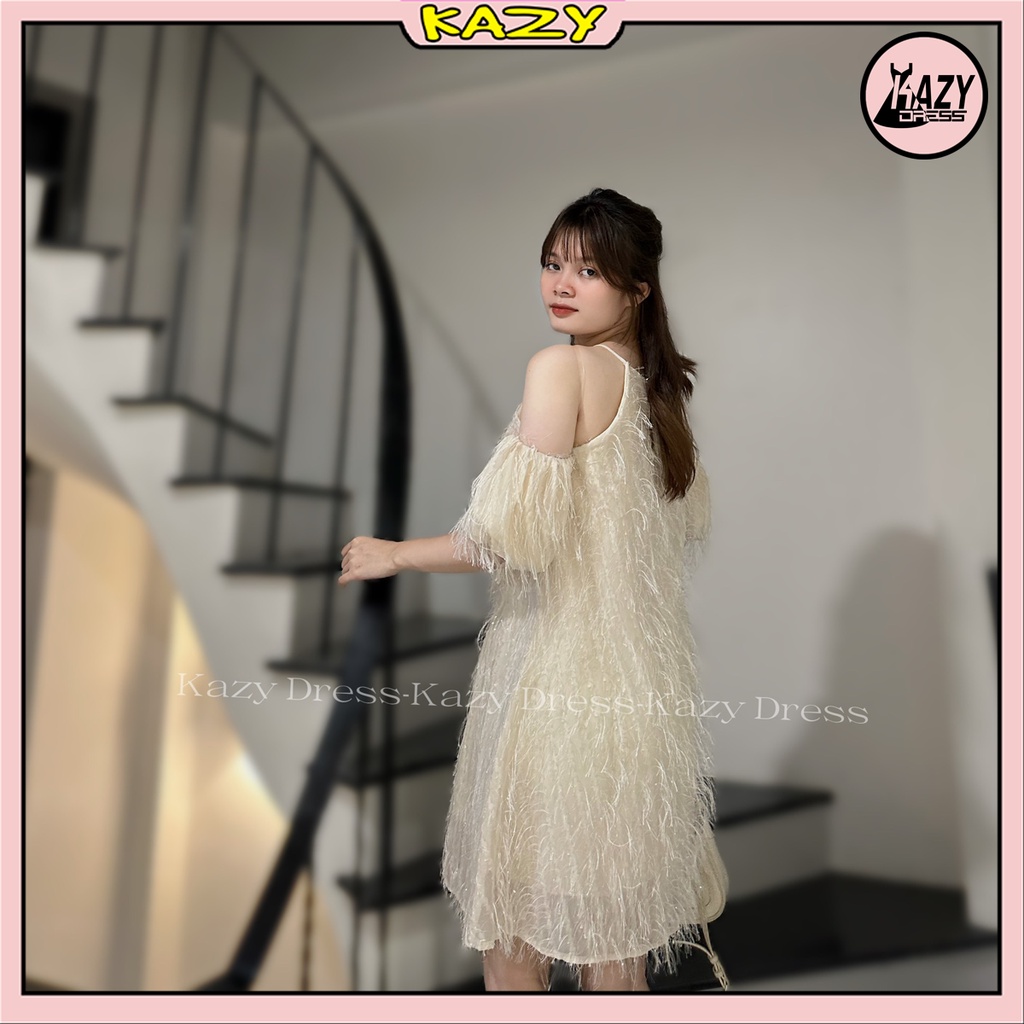 HOÀN TIỀN 15% - Váy cổ yếm trễ vai tơ lông mềm mịn phong cách tiểu thư KAZY DRESS V047