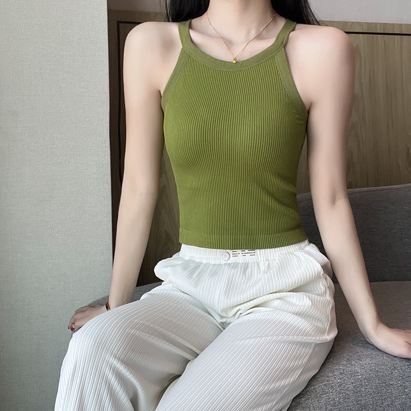 Áo hay dây croptop KÈM ÁO LÓT, Áo yếm thun tăm co giãn tốt kèm đệm ngực tiện lợi, Chất liệu co giãn tôn dáng
