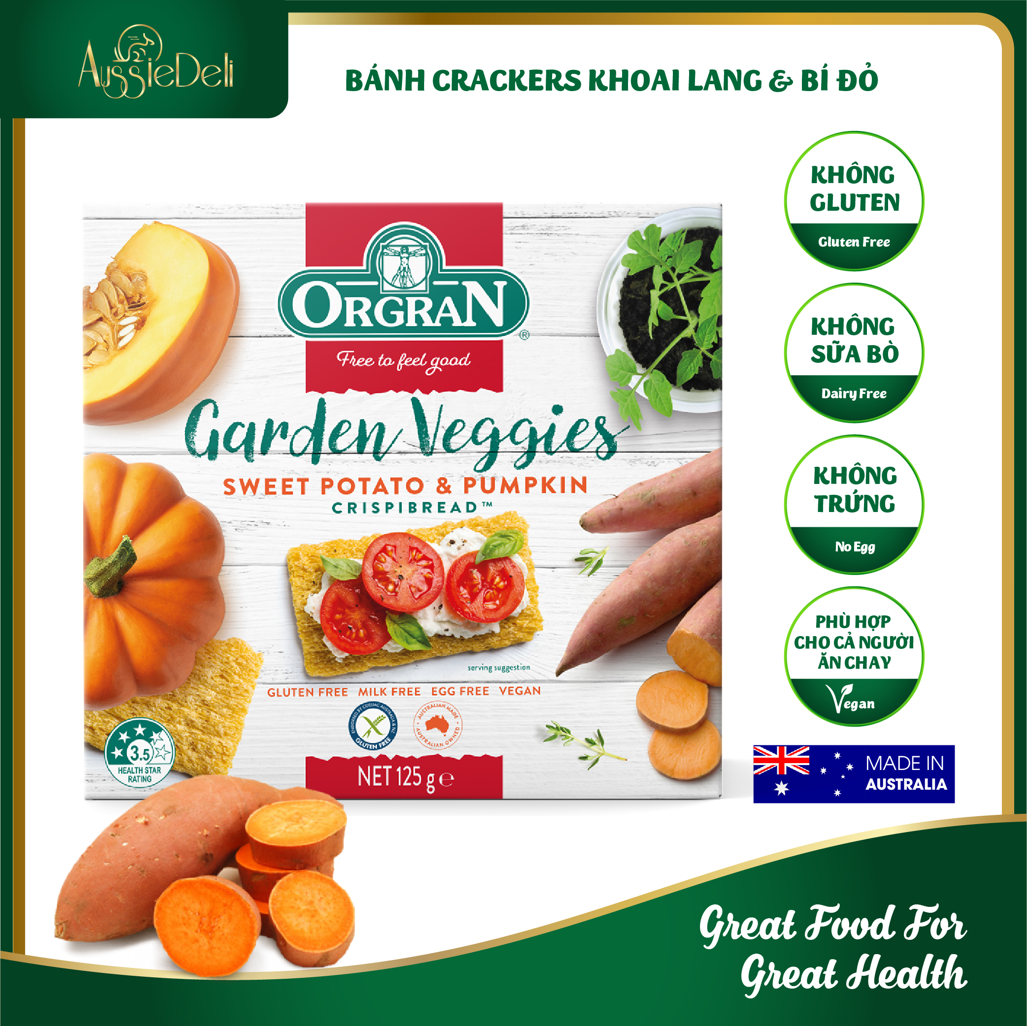 Hộp 125gr - bánh cracker siêu giòn vị khoai lang & bí đỏ thuần chay không gluten - orgran - nhập khẩu từ úc