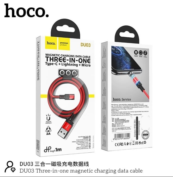 Cáp sạc nam châm 2A Hoco DU03 thay đổi 3 đầu Lightning/Type-C/Micro