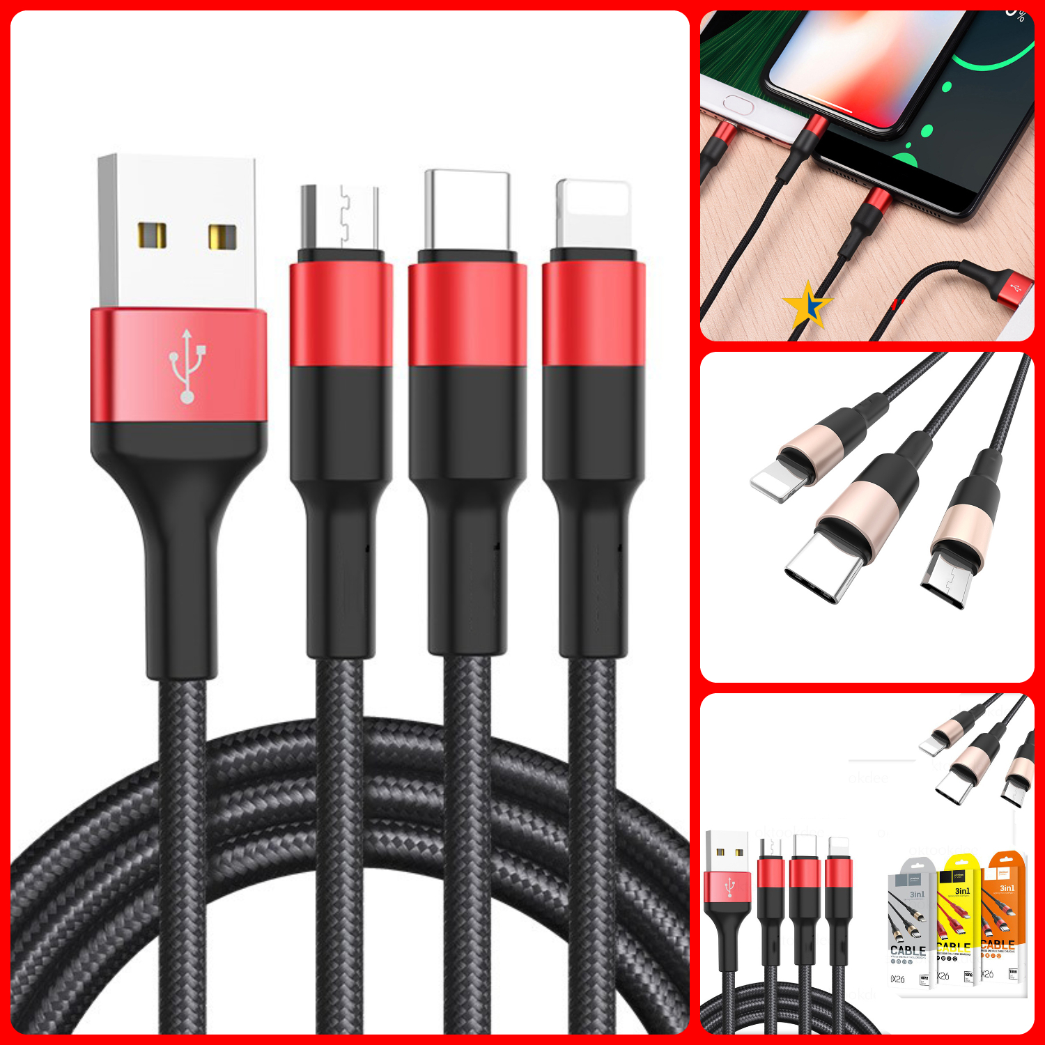 [HCM]Cáp sạc Hoco X26 3 đầu đa năng Lightning - Micro - Type C dài 1m dây dù siêu bền