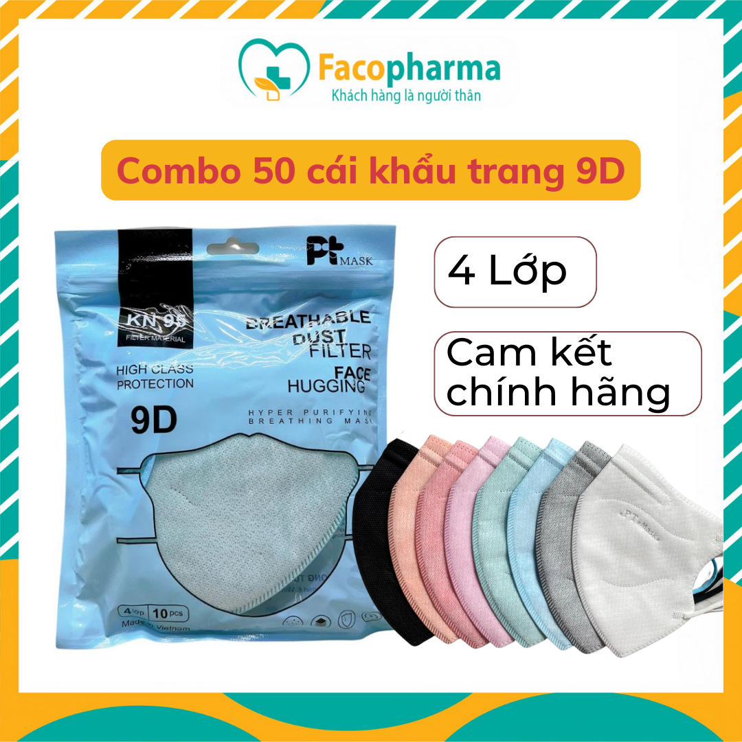 Khẩu trang 9D PT mask chống bụi kháng khuẩn với 4 lớp nhiều màu sắc