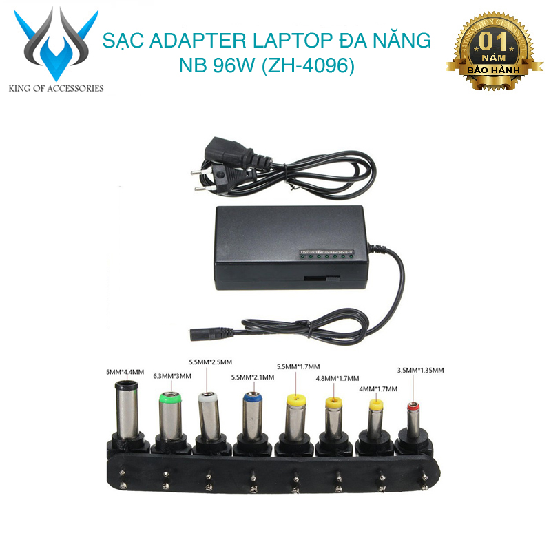Sạc laptop đa năng 96w zh 4096 kèm 8 đầu chuyển - có thể thay đổi điện áp 12v / 15v / 16v / 18v / 19v / 20v / 24v