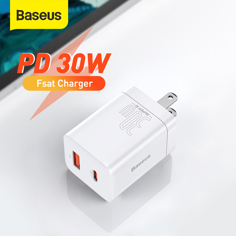 Baseus 30W Super Si Pro USB Charger Type C Fast Charger QC3.0 USB C Quick Charge PD3.0 Dual Port Phone Charge for iPhone 13 12 X Xs 8 Macbook