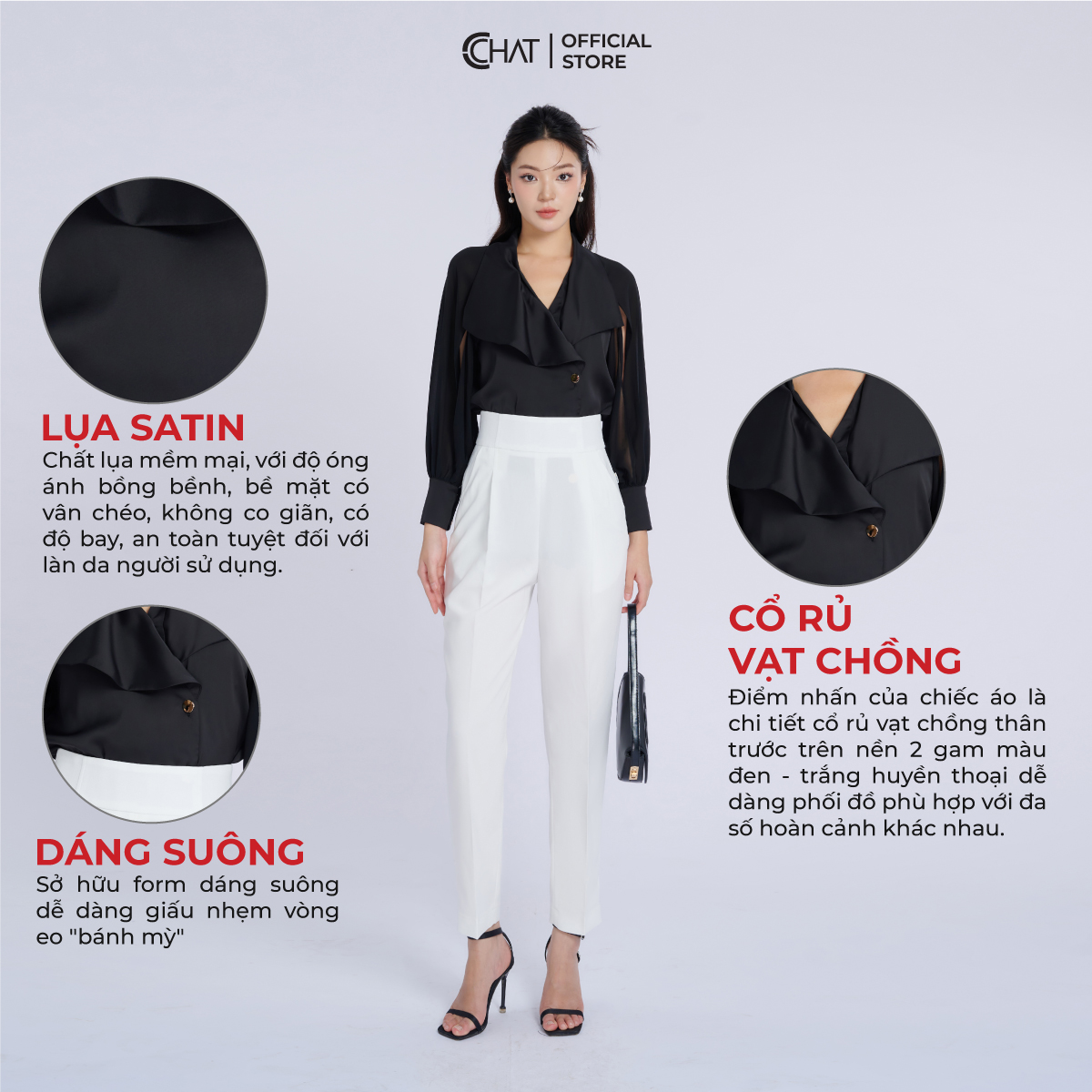 Áo Sơ Mi CCHAT Cổ Rủ Tay Phối Xẻ Kiểu Chất Lụa Cao Cấp 53FDL8022ST
