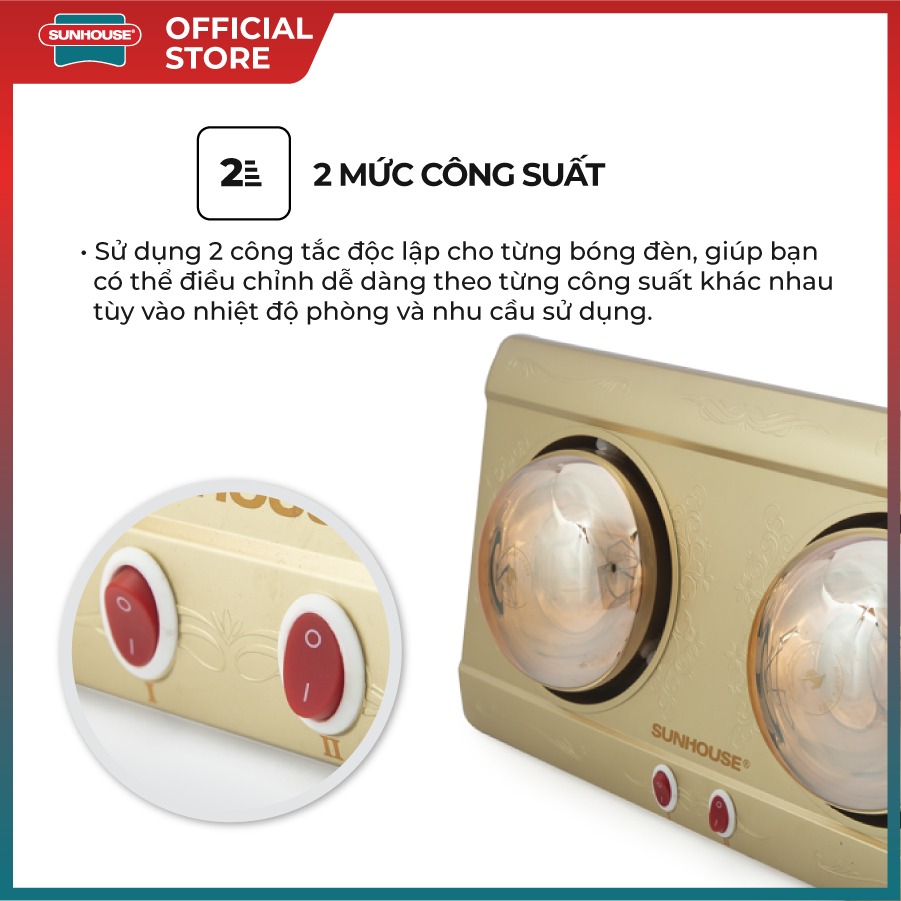 Đèn sưởi phòng tắm Sunhouse SHD3812 - Chống nước IPX4 -Công tắc độc lập dễ dàng điều chỉnh nhiệt độ, tiết kiệm điện năng -Công nghệ sưởi Halogen - Hình ảnh 3