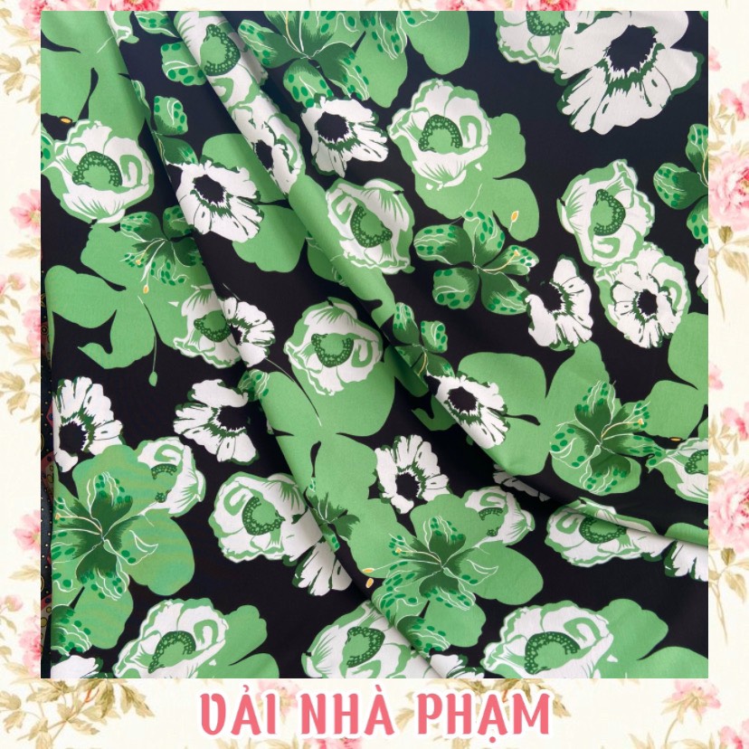 Vải lụa 100d hoạ tiết hoa to xanh lá nền đen - khổ vải 1.5m - vải nhà phạm