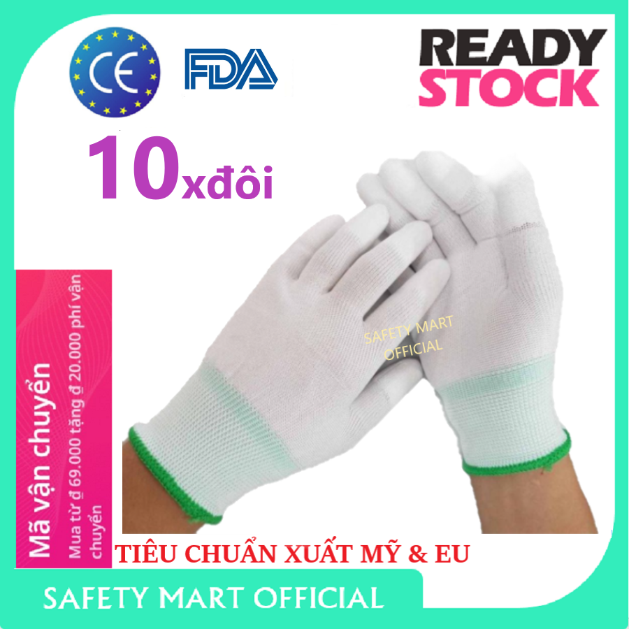 Combo 50 double PU coating gloves finger, gloves labor protection polyester coating Pu fingerless white/gray used in labor, gardening, grip high, industrial Electronic Laboratory-goods Vietnam export-safety Mart official