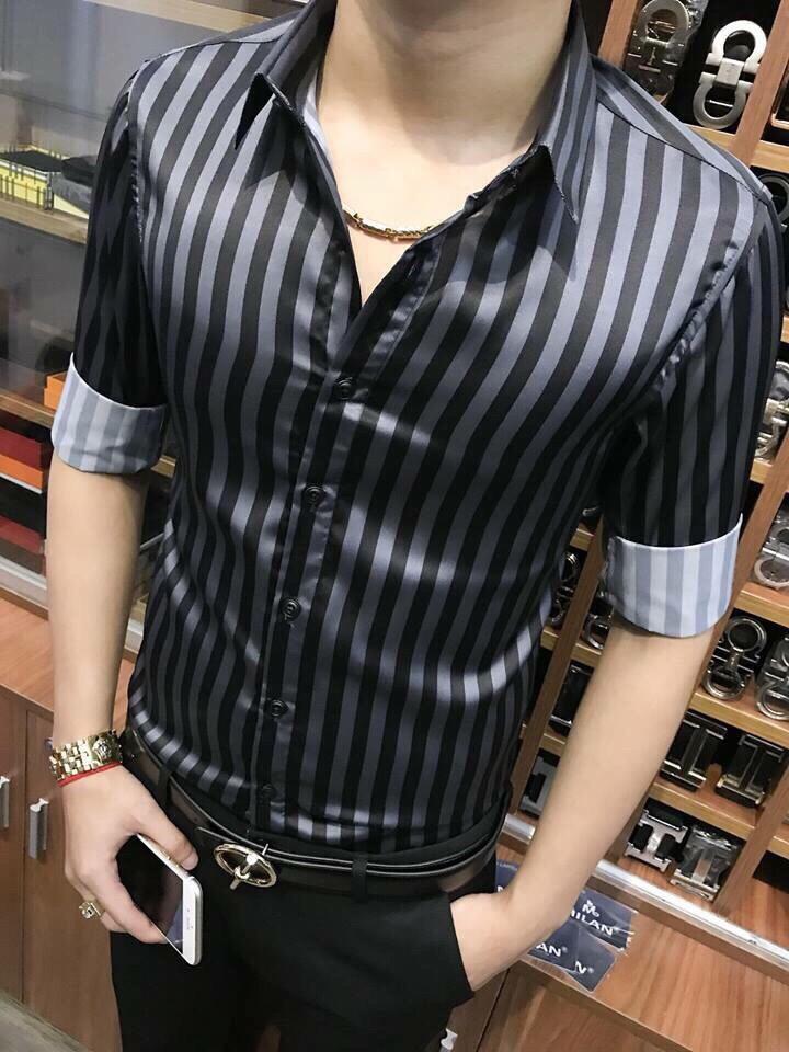 [HCM]Áo sơ mi nam sọc ĐEN XÁM KATE LỤA