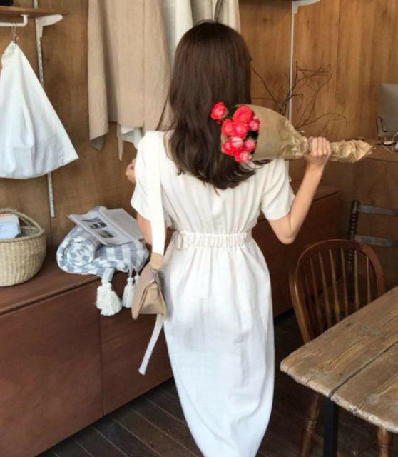 [HCM]Đầm TRẮNG nút xéo form to (kèm hình thật)