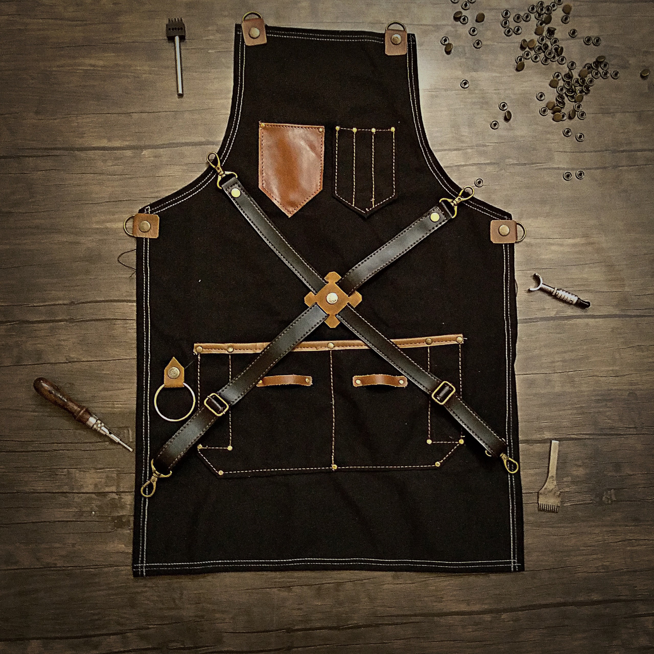 tạp dề vải phối da dành cho pha chế thợ tóc bartender barber baristar TD04