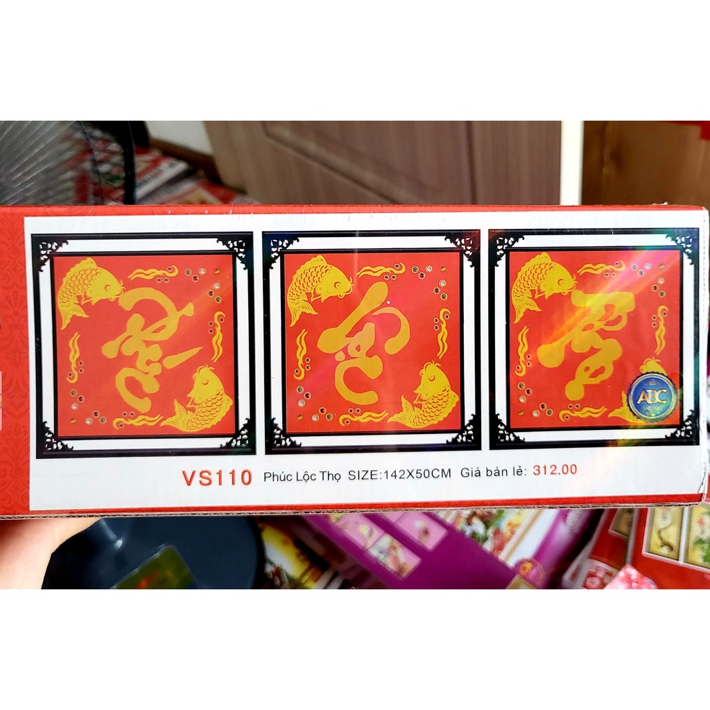 tranh đính đá phúc lộc thọ nền đỏ chữ vàng