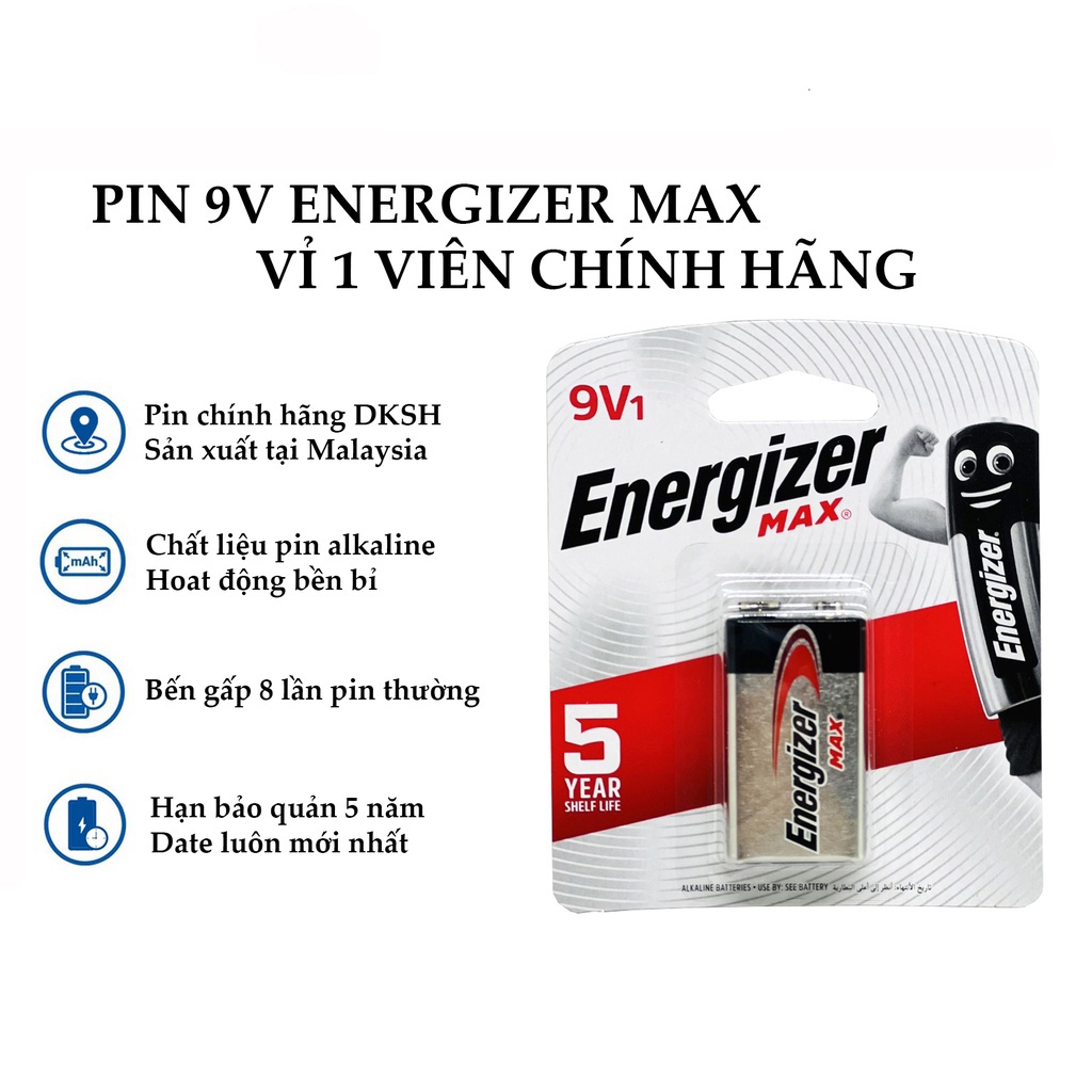 5 Vỉ pin 9V  Energizer  alkaline, Pin vuông Energizer
