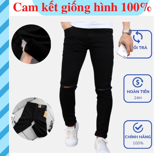 Quần jean nam màu đen rách gối siêu cá tính, chất jean hàn dày dặn form đẹp cực phong cách