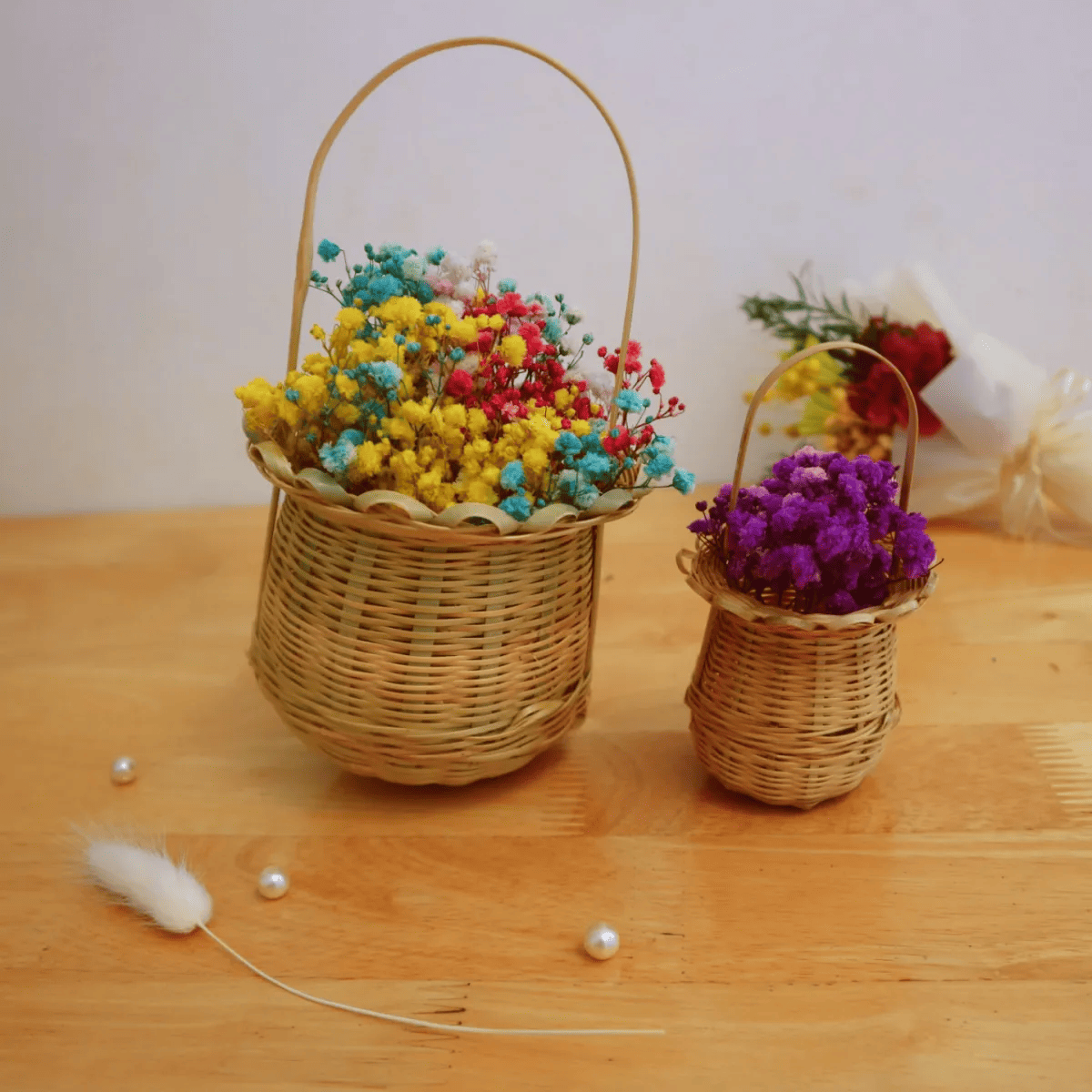Giỏ tre cắm hoa trang trí, decor