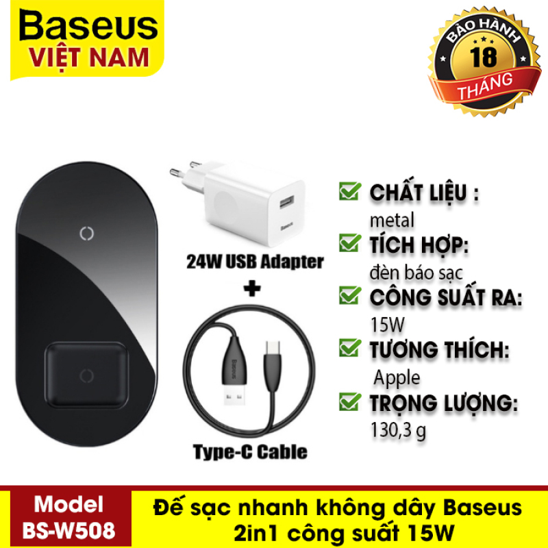Đế sạc nhanh không dây Baseus Simple 2in1 Wireless Charger công suất 15W, sạc 2 thiết bị cùng lúc cho Iphone, Samsung, Huawei và Airpods, kèm củ sạc 24W và cáp sạc Type-C