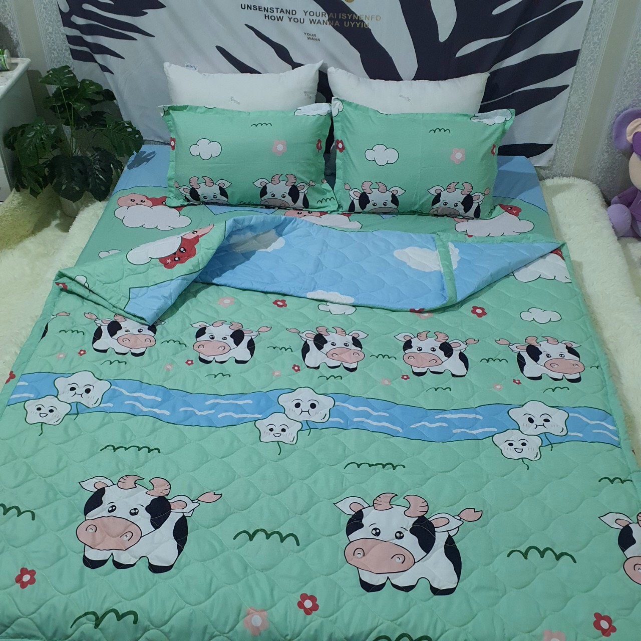 Bộ Chăn Ga Gối Cotton Poly - Hình Bò Sữa Xanh ( 3 Món , 4 Món , 5 Món ) Tiệm Nhà Cá