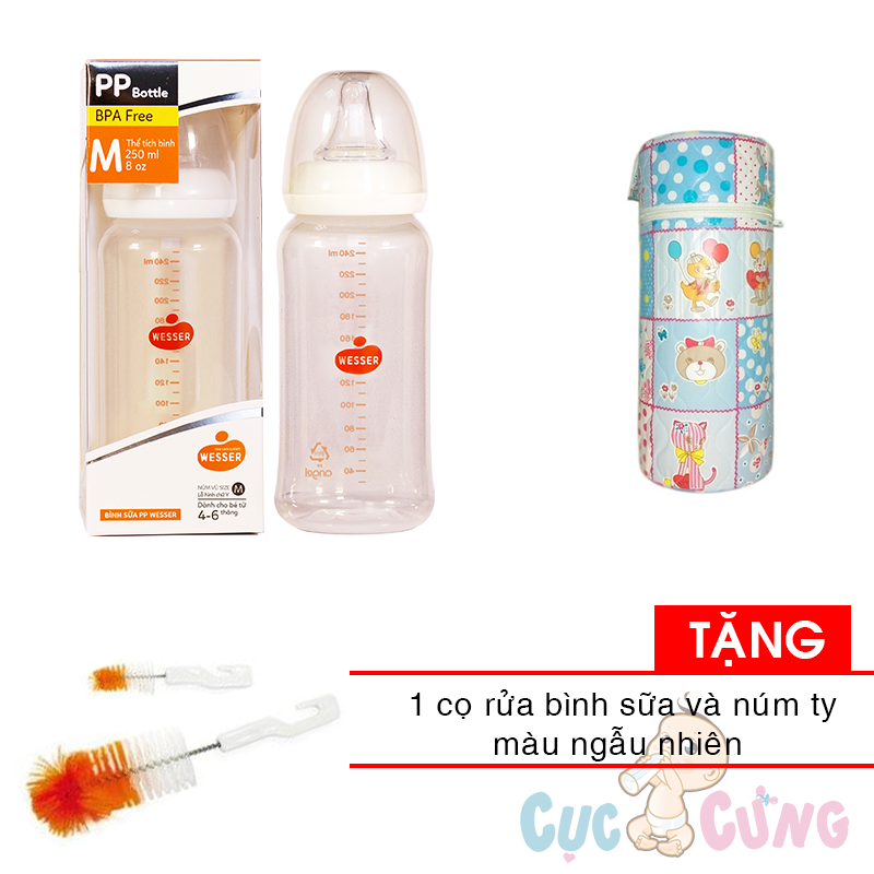 Bình sữa Wesser Nano Silver cổ thường 250ml + 1 cọ rửa bình sữa TẶNG ủ bình sữa đơn màu ngẫu nhiên