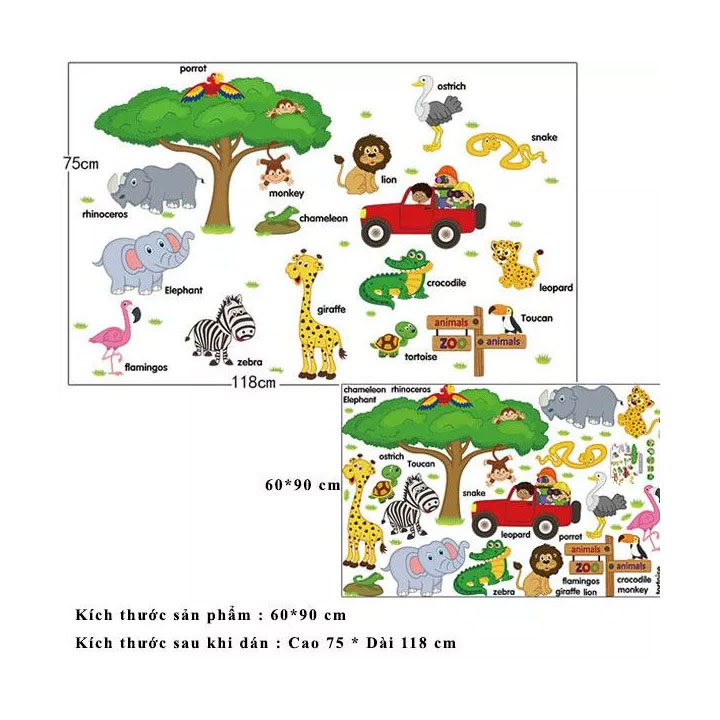 Decal dán tường từ tiếng anh về loài vật cho bé Sticker Decal dán tường SK9084- Decal dán tường con vật -Decal dán tường hình thú