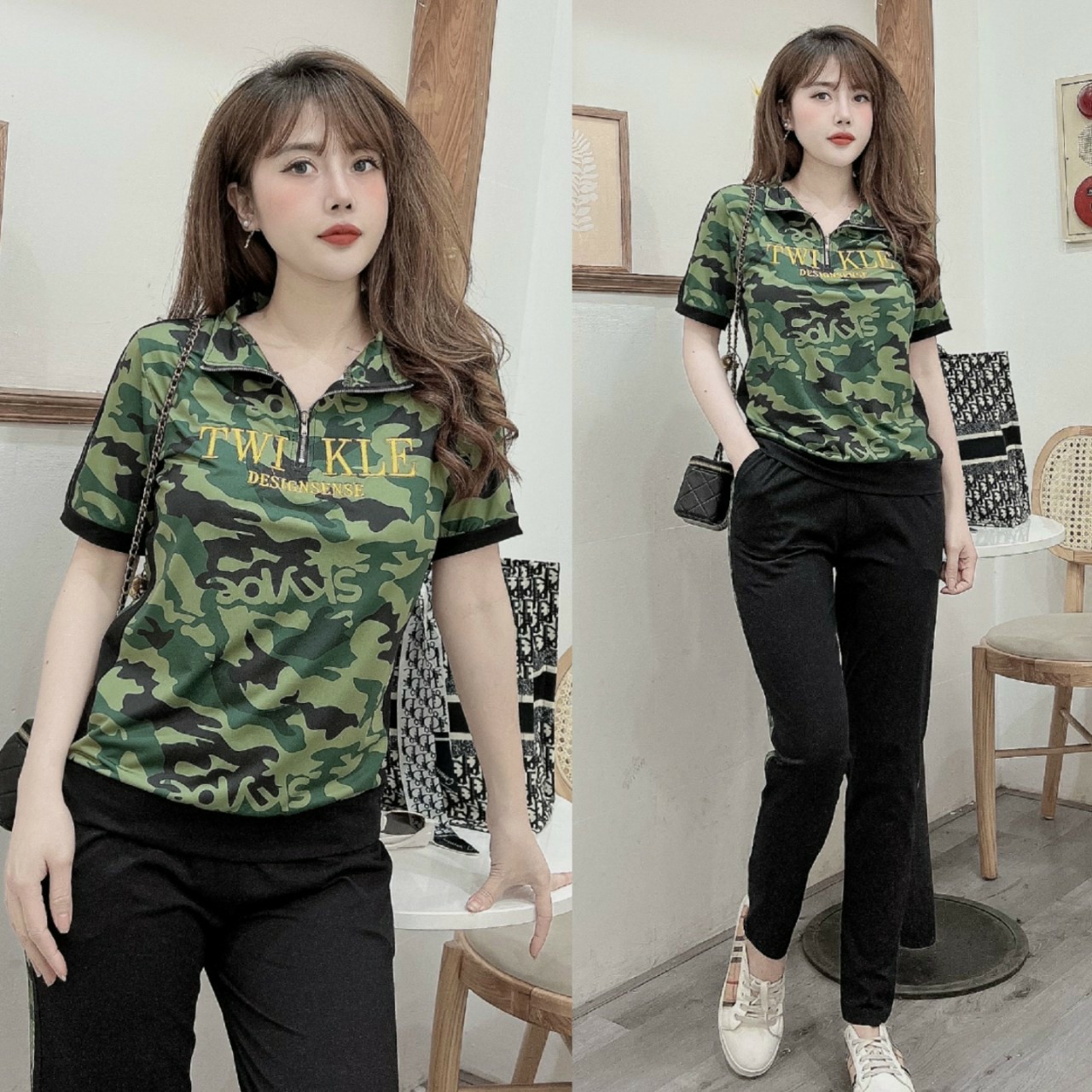 Đồ bộ thun lính cổ trụ khóa kéo