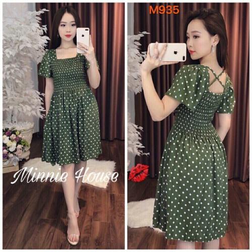 Đầm chấm bi nhún ngực von lụa 40-50-QH