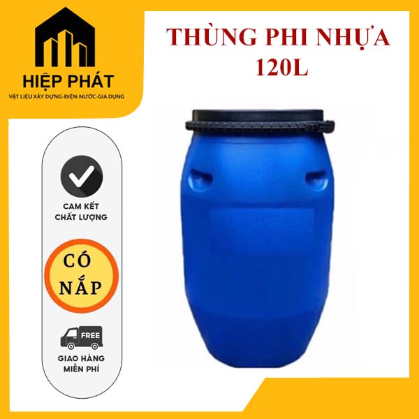 Thùng phi nhựa 120l, kích thước phi 42 cao 80cm, có nắp