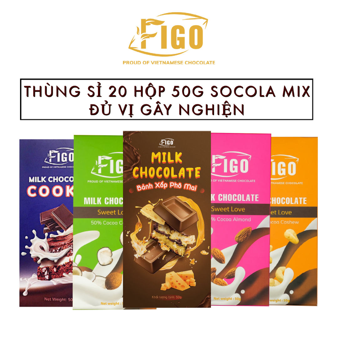 [ĂN LÀ NGHIỆN-COMBO 12 HỘP 50G] Kẹo socola sữa bánh cookie, hạnh nhân, hạt điều, dừa, không nhân 50g FIGO, đồ ăn vặt siêu ngon