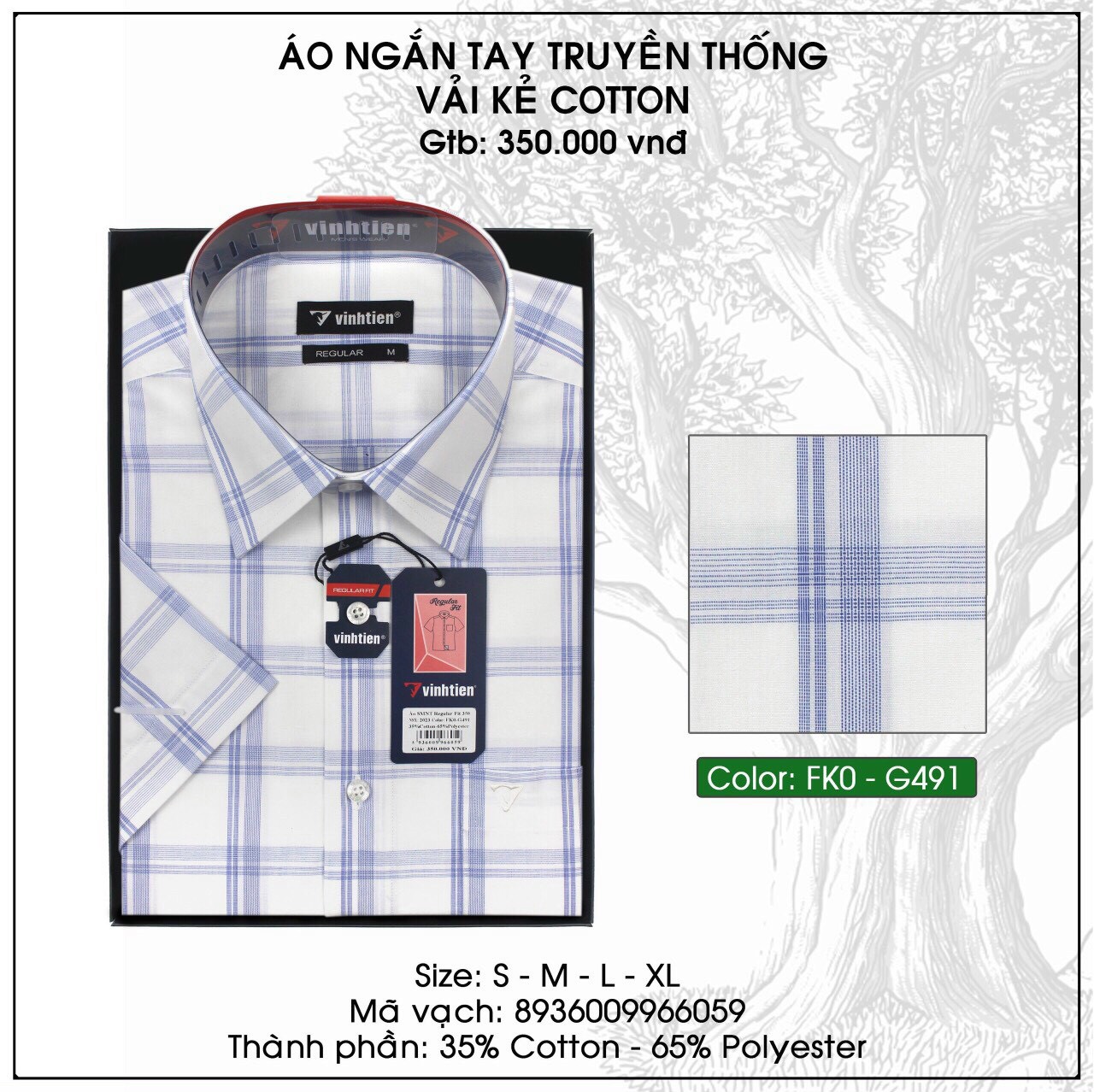 [HN] Áo Sơ Mi Ngắn Tay Sọc Caro Vĩnh Tiến Dáng Regular - Vạt Ngang Cotton 350 _ N3
